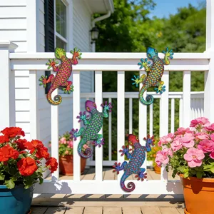 Metal Gecko Wall Art Outdoor Garden Decor Colorful Iron Lizard Sculpture Hanging Ornaments