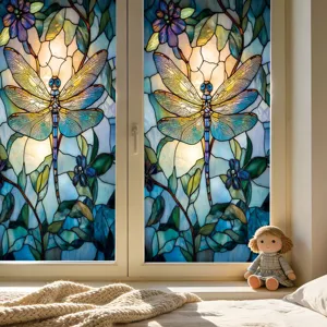 Glas-in-lood raamfolie libel bloemen design statische hechtende glasfolie voor thuis