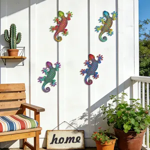 Colorful metal gecko wall art, 4-piece hanging sculpture for outdoor garden yard home decor.
