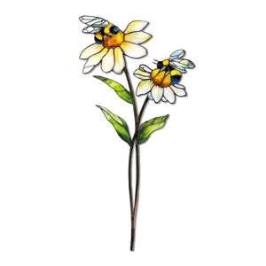 Piquet de jardin marguerites en verre teinté et abeilles art de cour en métal décoration.
