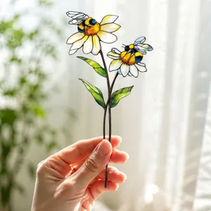 Piquet de jardin fleur d'abeille en vitrail en metal decor de plante en pot artisanat maison