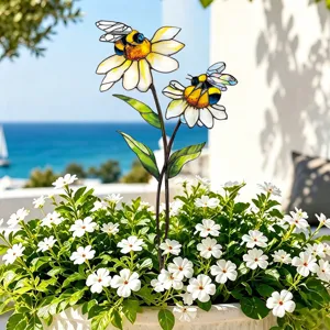 Piquet de jardin en métal et verre coloré marguerite abeille décoration de pot de fleurs