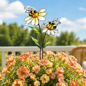 Piquet de jardin marguerite et abeille en verre, décoration de pot de fleurs colorée.