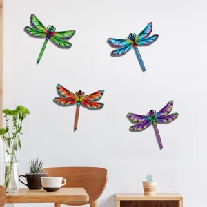 Colorful metal dragonfly wall art hanging decor for home garden, 4-piece set yard decoration.