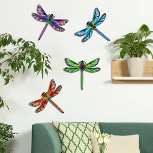 Colorful metal dragonfly wall art set, iron hanging decor for living room, garden and patio.