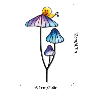 Joli piquet de jardin champignon escargot en vitrail coloré pour plante en pot en métal.