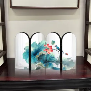 Decorative miniature folding screen with Chinese lotus art details for desktop display.