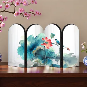 Chinese style desktop miniature folding screen mirror with lotus bird art decor for home table.