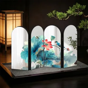 Miniature Chinese style 4-panel folding screen desktop ornament with lotus art mirror surface.