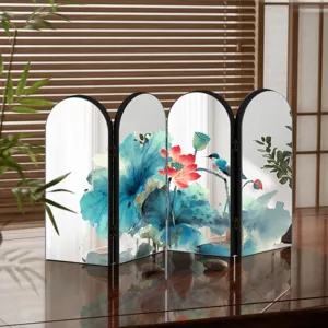 Exquisite Chinese style mirror folding screen tabletop ornament with lotus art design.
