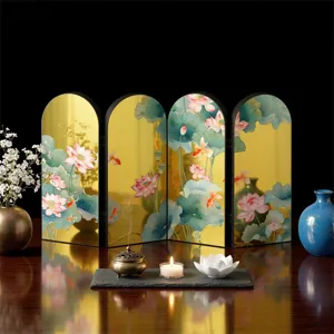 Detail view of Chinese style golden lotus folding screen tabletop ornament acrylic decor.