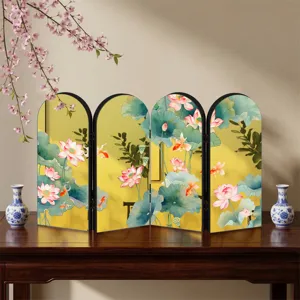 Chic mini folding screen detail, Chinese lotus goldfish art, gold mirror finish accent.