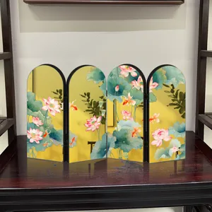 Miniature four-panel folding screen tabletop decor with Chinese lotus and goldfish design.