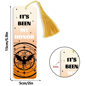 Detailed view of colorful acrylic bookmark with golden tassel, dragon design and size specs.