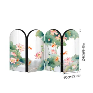 Miniature acrylic folding screen with traditional Chinese lotus and goldfish design for desktop decor.