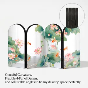 Desktop acrylic folding screen featuring traditional Chinese lotus and goldfish art decor.