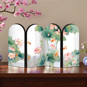Acrylic folding mirror screen with Chinese lotus and goldfish art for elegant tabletop decor.