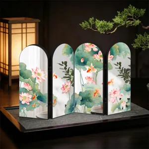 Chinese style lotus goldfish pattern acrylic folding screen detail, miniature desk decor.