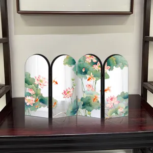 Chinese style acrylic folding screen tabletop ornament with lotus and goldfish design detail.