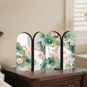 Chinese style folding screen mirror acrylic tabletop ornament with lotus and goldfish design.
