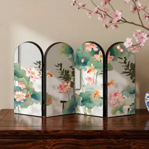 Creative Chinese style lotus goldfish arched 4 panel folding screen tabletop decorative ornament