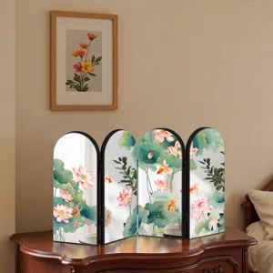 Chinese style arched 4-panel folding screen mirrored tabletop lotus goldfish home decor