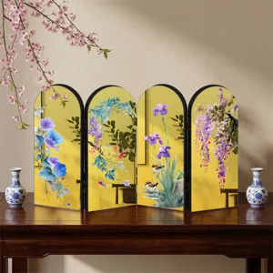 Chinese style mini folding screen ornament, acrylic desktop mirror decor with floral and bird art.