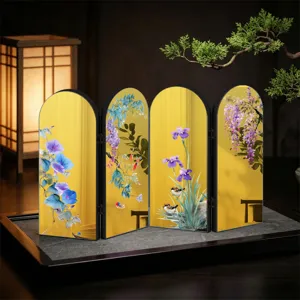 Exquisite Chinese style acrylic folding screen tabletop ornament with golden mirror and floral bird.