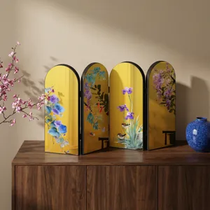 Miniature decorative Chinese style gold folding screen tabletop ornament with floral art