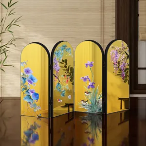 Chinese style acrylic folding screen tabletop ornament with gold mirror finish flower bird print
