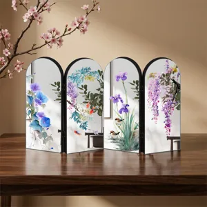 Decorative oriental arched folding screen tabletop ornament with floral and bird prints.