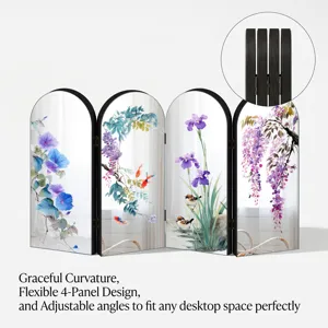 Desktop folding screen with 4 panels, traditional Chinese art floral design for home decor.