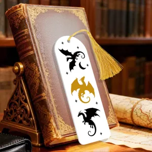 Acrylic bookmark with dragon and star patterns and yellow tassel for book lovers.