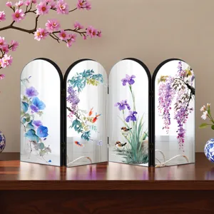 Chinese style decorative four panel folding mirror screen tabletop ornament with floral art.