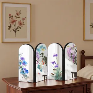 Chinese style acrylic folding screen mirror tabletop decorative ornament with floral bird art.