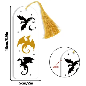 Acrylic bookmark with golden tassel and dragon pattern, size 15x5cm with 2mm thickness.