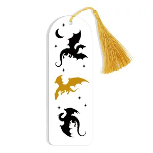 Acrylic dragon bookmark detail view with golden tassel and magic starry night pattern