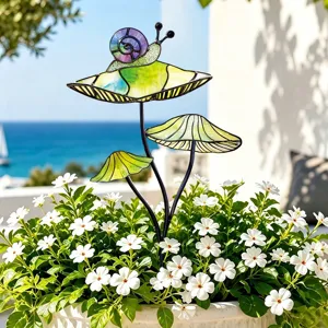 Piquet de jardin champignon escargot en verre colore decoration metal pour pot de fleurs