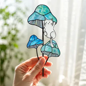 Piquet de plante de jardin en métal, chat mignon et champignons bleus art en fer.
