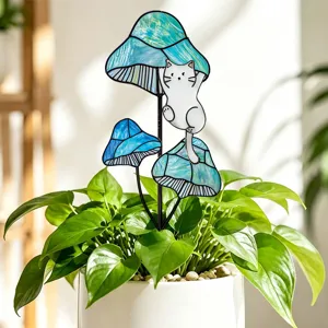 Piquet de plante en métal chat blanc et champignons bleus style verre teinté déco pot