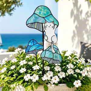 Piquet de jardin chat et champignon en vitrail, insert de plante pour décor.