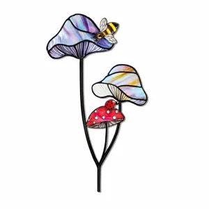 Piquet de jardin champignon en métal verre coloré pot de fleur tableau taille 12x6.9cm.