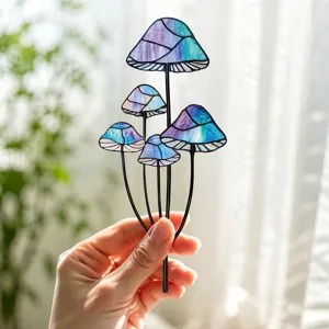 Piquet de jardin champignon en verre colore insert de plante en metal decor
