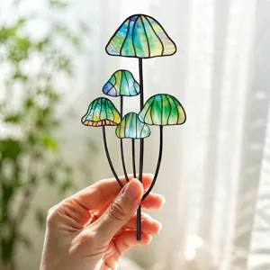 Piquet de jardin champignon en verre teinté décoration de plante ornement en métal