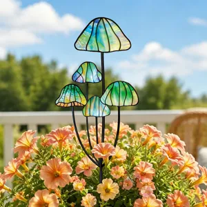 Piquet de jardin champignon en verre colore art en metal pour deco de pot de fleurs