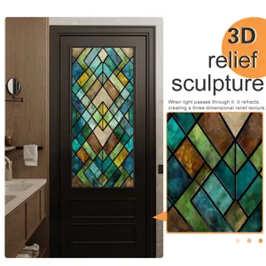 Detailed view of 3D relief stained glass window film, geometric pattern texture display.
