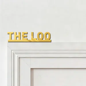 Gold acrylic "THE LOO" letter sticker, mirror finish home decor wall sign for doors.
