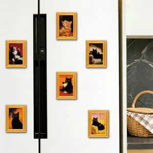 Vintage wooden cat fridge magnets, funny art photo frame magnetic stickers for home decor.