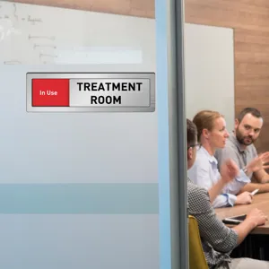 Sliding door status sign for meeting room and office, brushed metal indicator with red slider.