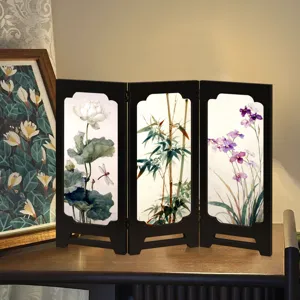 Chinese retro desktop folding screen ornament with traditional oriental flower painting.